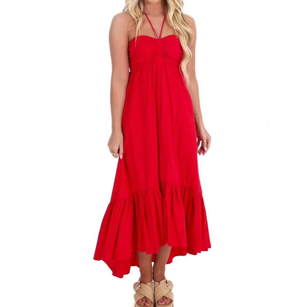 NEW DAY + MOON ruched halter midi dress in flame red